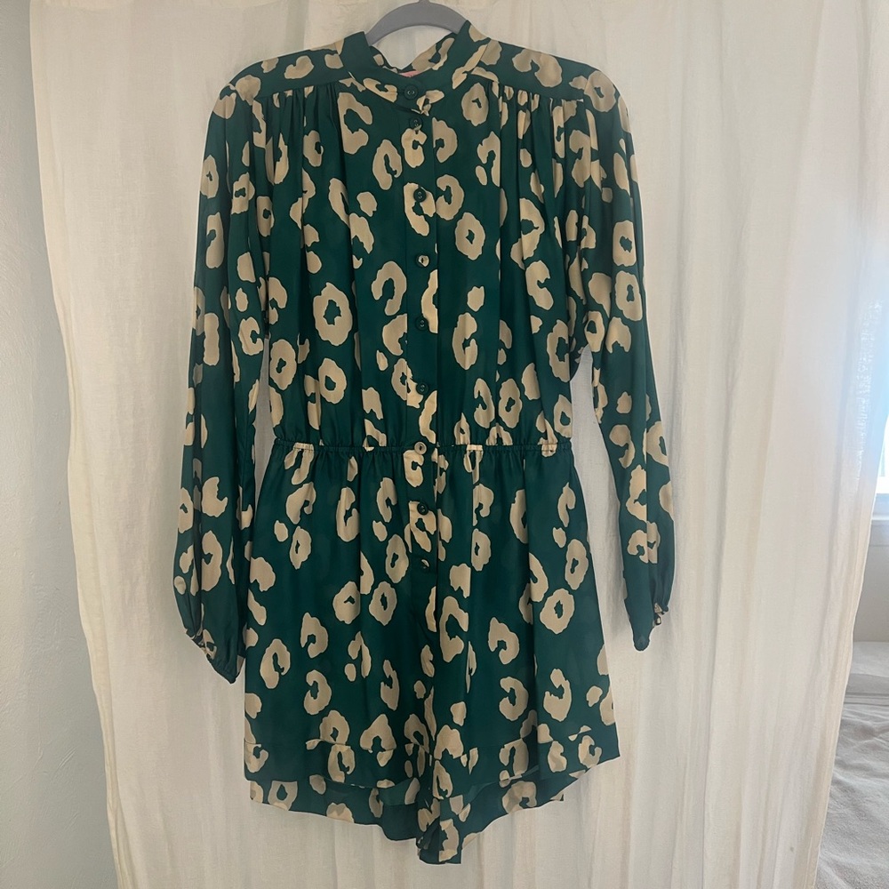 Zimmerman 100% Silk Button-Down Teal Leopard Romper